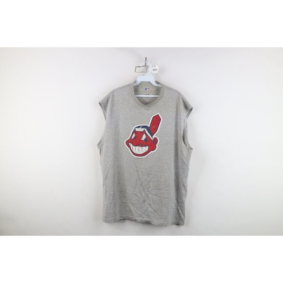 Vintage Y2K Mens XL Distressed Chief Wahoo Cleveland Indians Muscle T-Shirt Gray - Picture 1 of 15